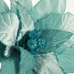Large Pale Blue Poinsettia Flower Stem with Glitter Trim Christmas Flowers|