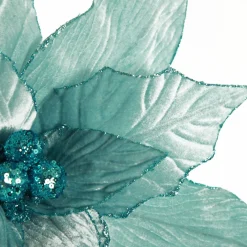 Large Pale Blue Poinsettia Flower Stem with Glitter Trim Christmas Flowers|