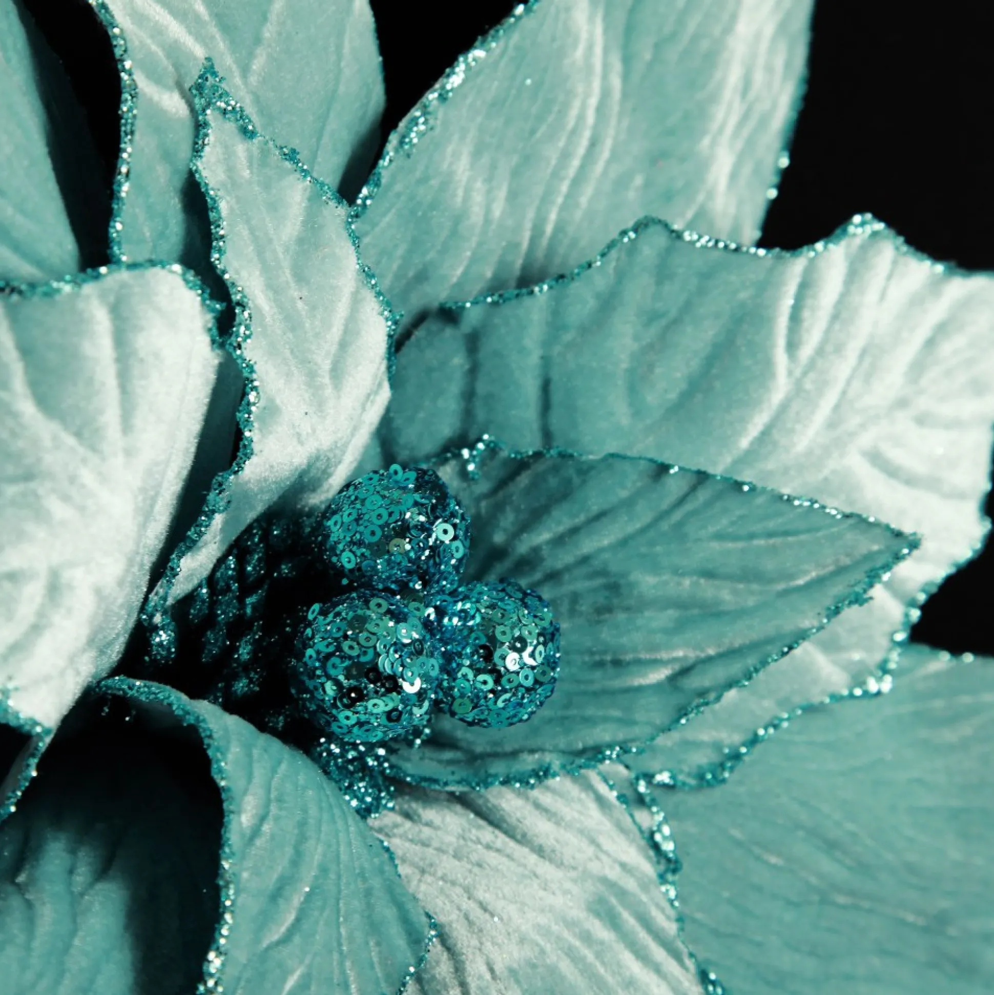 Large Pale Blue Poinsettia Flower Stem with Glitter Trim Christmas Flowers|