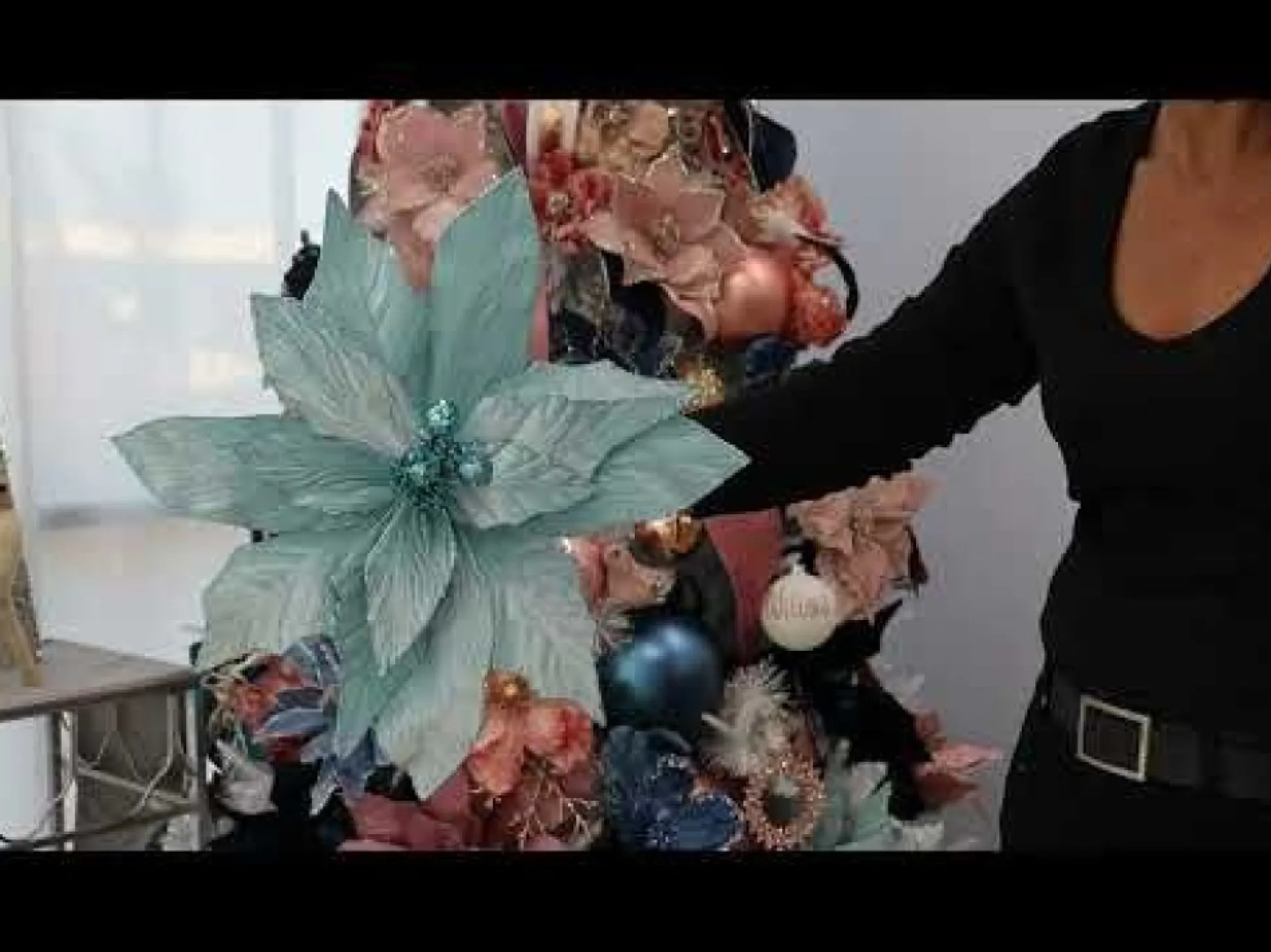 Large Pale Blue Poinsettia Flower Stem with Glitter Trim Christmas Flowers|