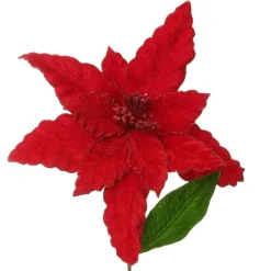 Large Red Poinsettia Flower Pick with Red Glitter Trim Christmas Flowers|