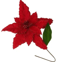 Large Red Poinsettia Flower Pick with Red Glitter Trim Christmas Flowers|