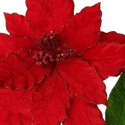 Large Red Poinsettia Flower Pick with Red Glitter Trim Christmas Flowers|