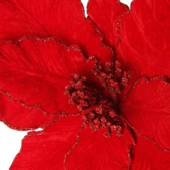 Large Red Poinsettia Flower Pick with Red Glitter Trim Christmas Flowers|
