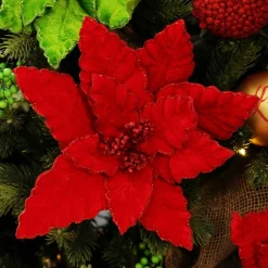 Large Red Poinsettia Flower Pick with Red Glitter Trim Christmas Flowers|