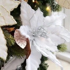 Large White Poinsettia Flower Pick with Silver Glitter Trim Christmas Flowers|