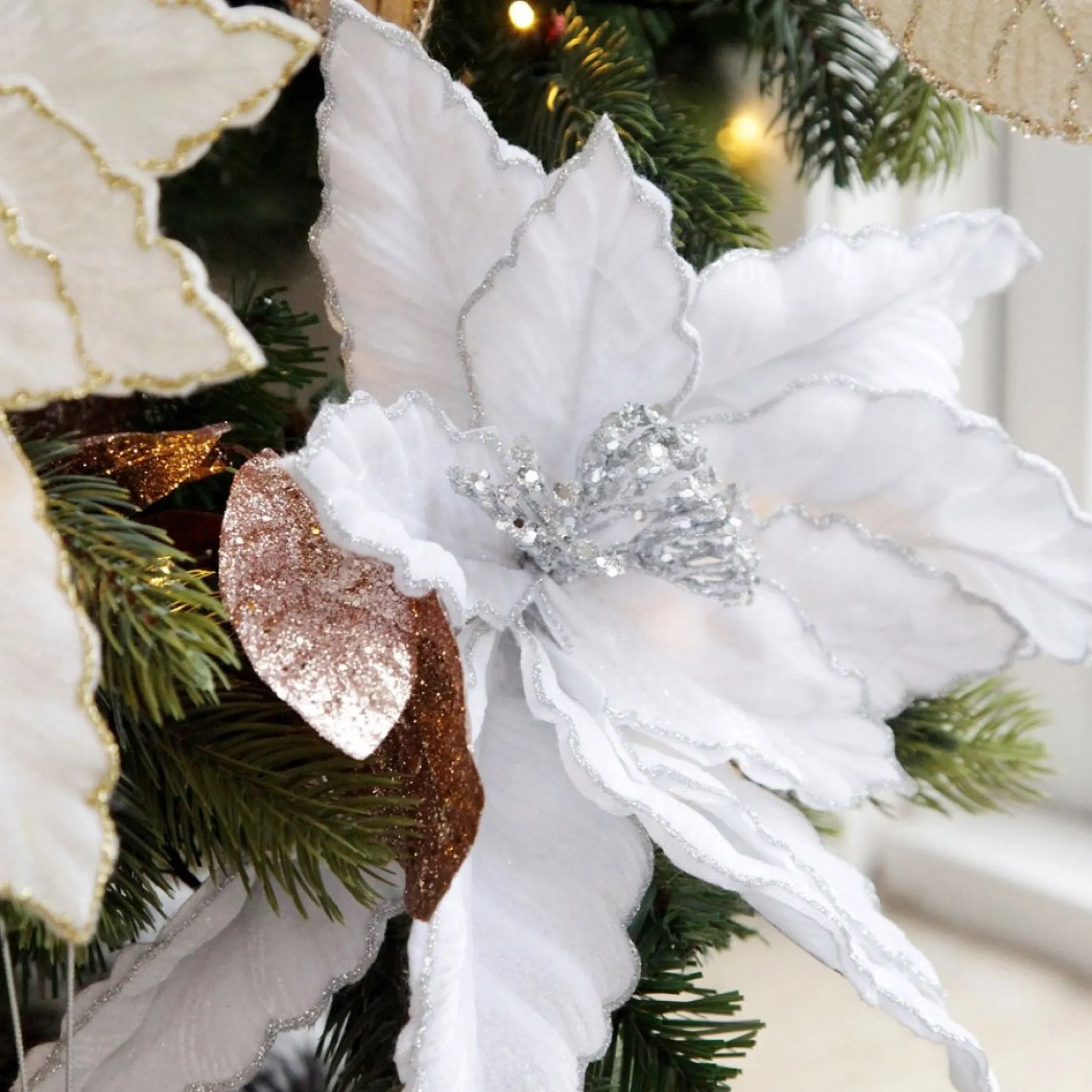 Large White Poinsettia Flower Pick with Silver Glitter Trim Christmas Flowers|