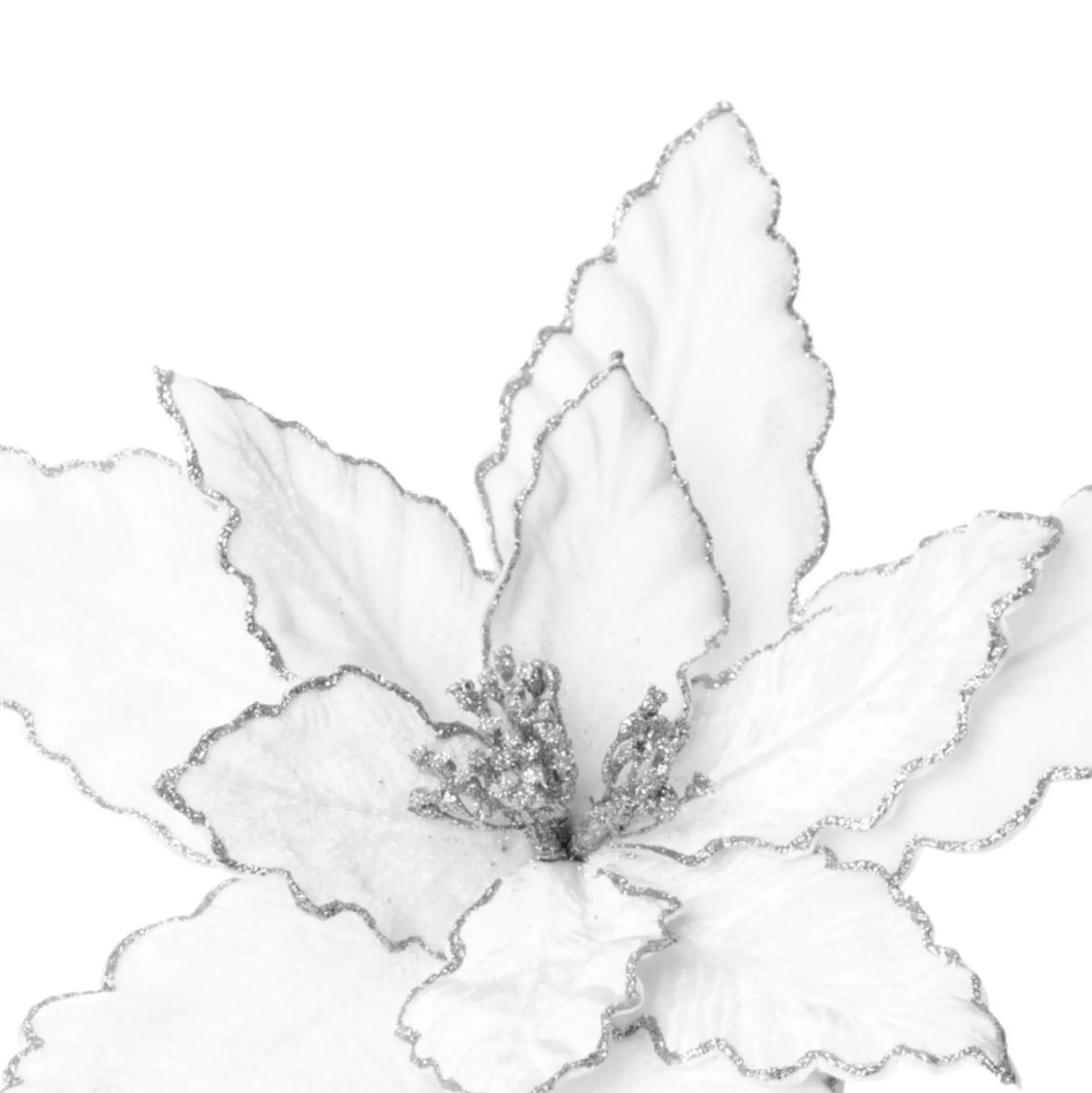 Large White Poinsettia Flower Pick with Silver Glitter Trim Christmas Flowers|
