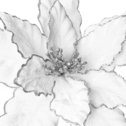 Large White Poinsettia Flower Pick with Silver Glitter Trim Christmas Flowers|