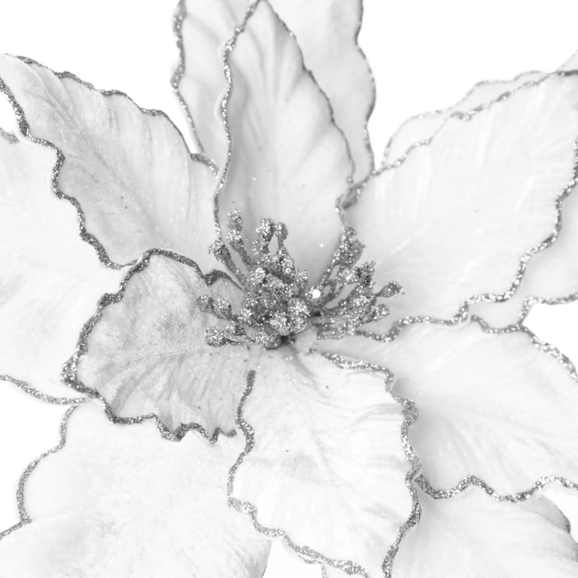 Large White Poinsettia Flower Pick with Silver Glitter Trim Christmas Flowers|