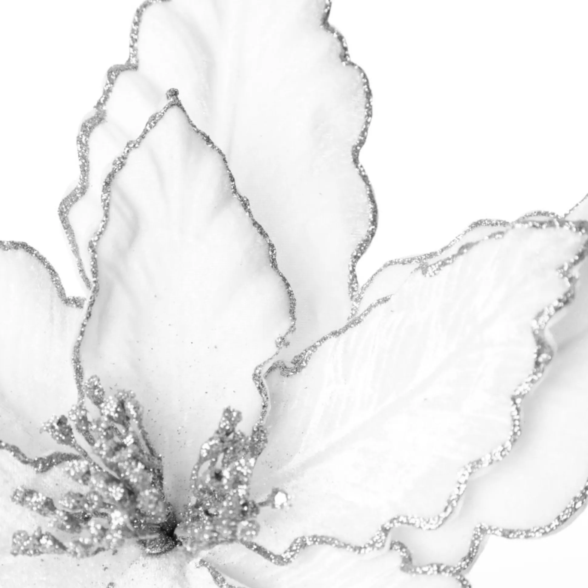 Large White Poinsettia Flower Pick with Silver Glitter Trim Christmas Flowers|