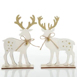 Large White Wood Deers with Gold Glitter Ornaments -Set of 2 Christmas Birds And Animals|