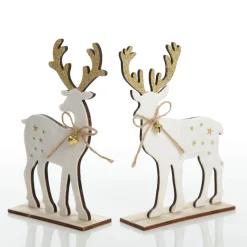 Large White Wood Deers with Gold Glitter Ornaments -Set of 2 Christmas Birds And Animals|