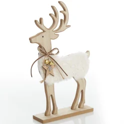 Large Wooden Reindeer with Fur Christmas Ornament and Neck Tie Christmas Birds And Animals|