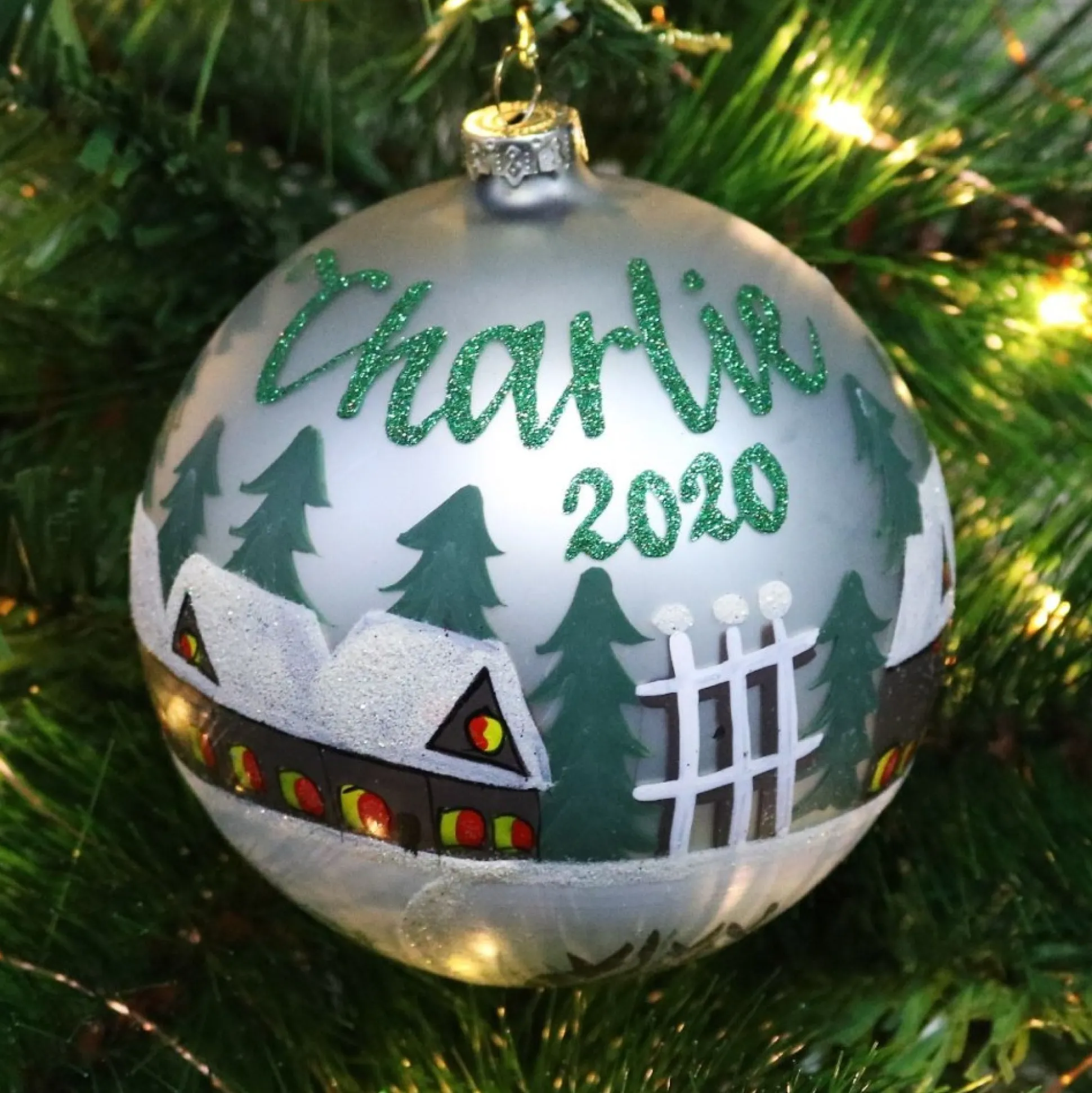 Light Blue Christmas Village Bauble Personalised Baubles|