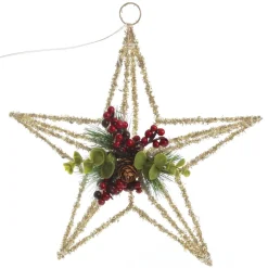 Lightup Champagne Tinsel Wire 3D Star Tree Topper with Cone and Berry Tree Toppers|