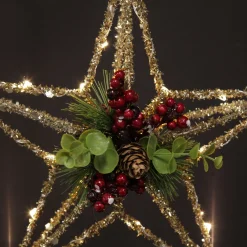 Lightup Champagne Tinsel Wire 3D Star Tree Topper with Cone and Berry Tree Toppers|