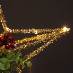Lightup Gold Tinsel Wire 3D Star Tree Topper with Cone and Berry Tree Toppers|