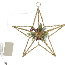 Lightup Gold Tinsel Wire 3D Star Tree Topper with Cone and Berry Tree Toppers|