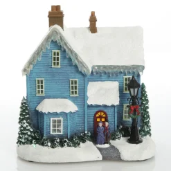 Lightup Musical Snowcapped Blue House Christmas Ornament Light-Up Scenes And Ornaments|