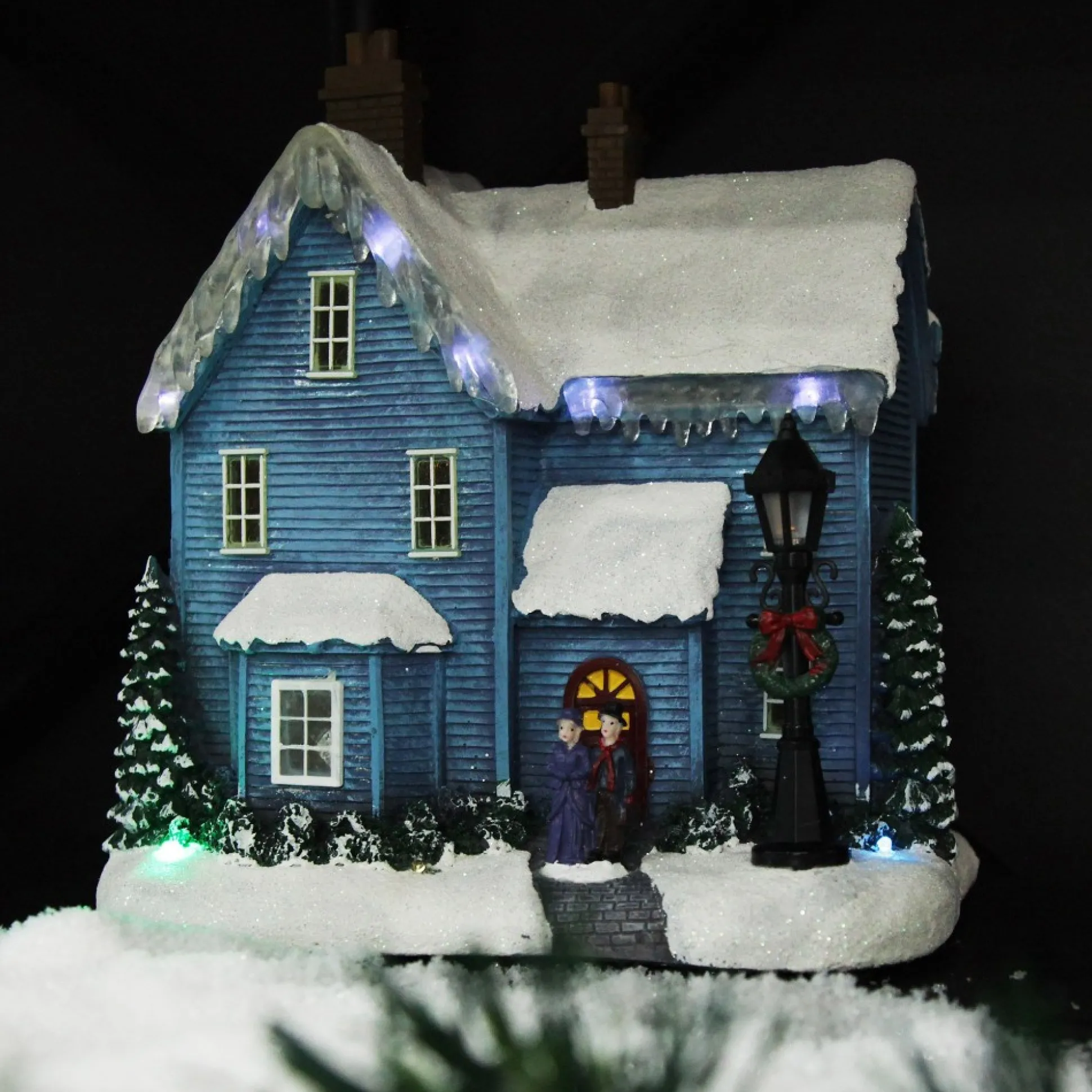 Lightup Musical Snowcapped Blue House Christmas Ornament Light-Up Scenes And Ornaments|