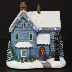 Lightup Musical Snowcapped Blue House Christmas Ornament Light-Up Scenes And Ornaments|