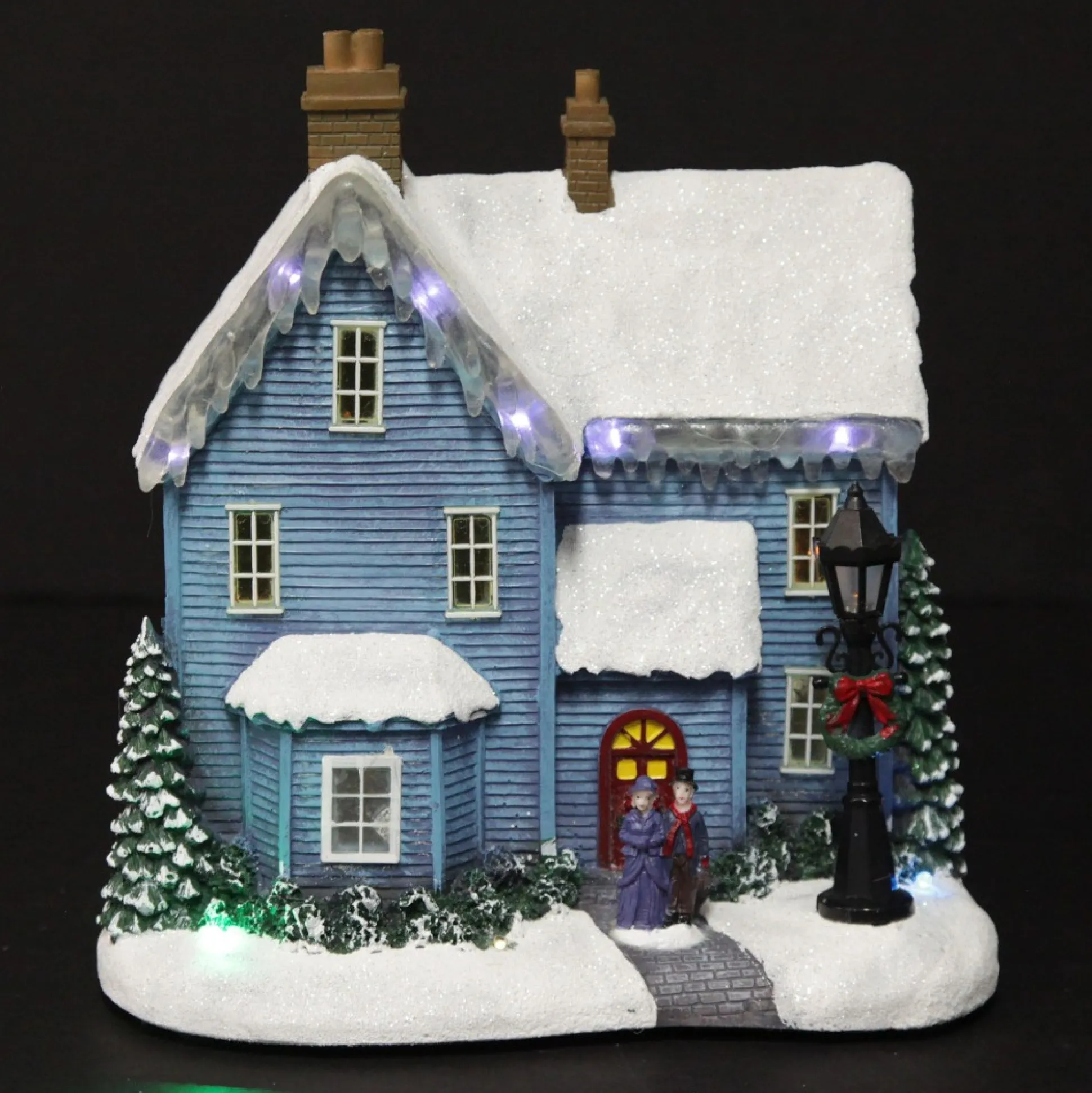 Lightup Musical Snowcapped Blue House Christmas Ornament Light-Up Scenes And Ornaments|