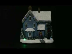 Lightup Musical Snowcapped Blue House Christmas Ornament Light-Up Scenes And Ornaments|