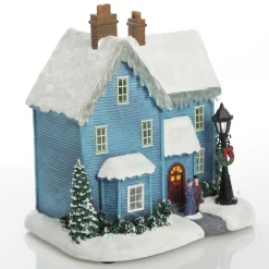 Lightup Musical Snowcapped Blue House Christmas Ornament Light-Up Scenes And Ornaments|