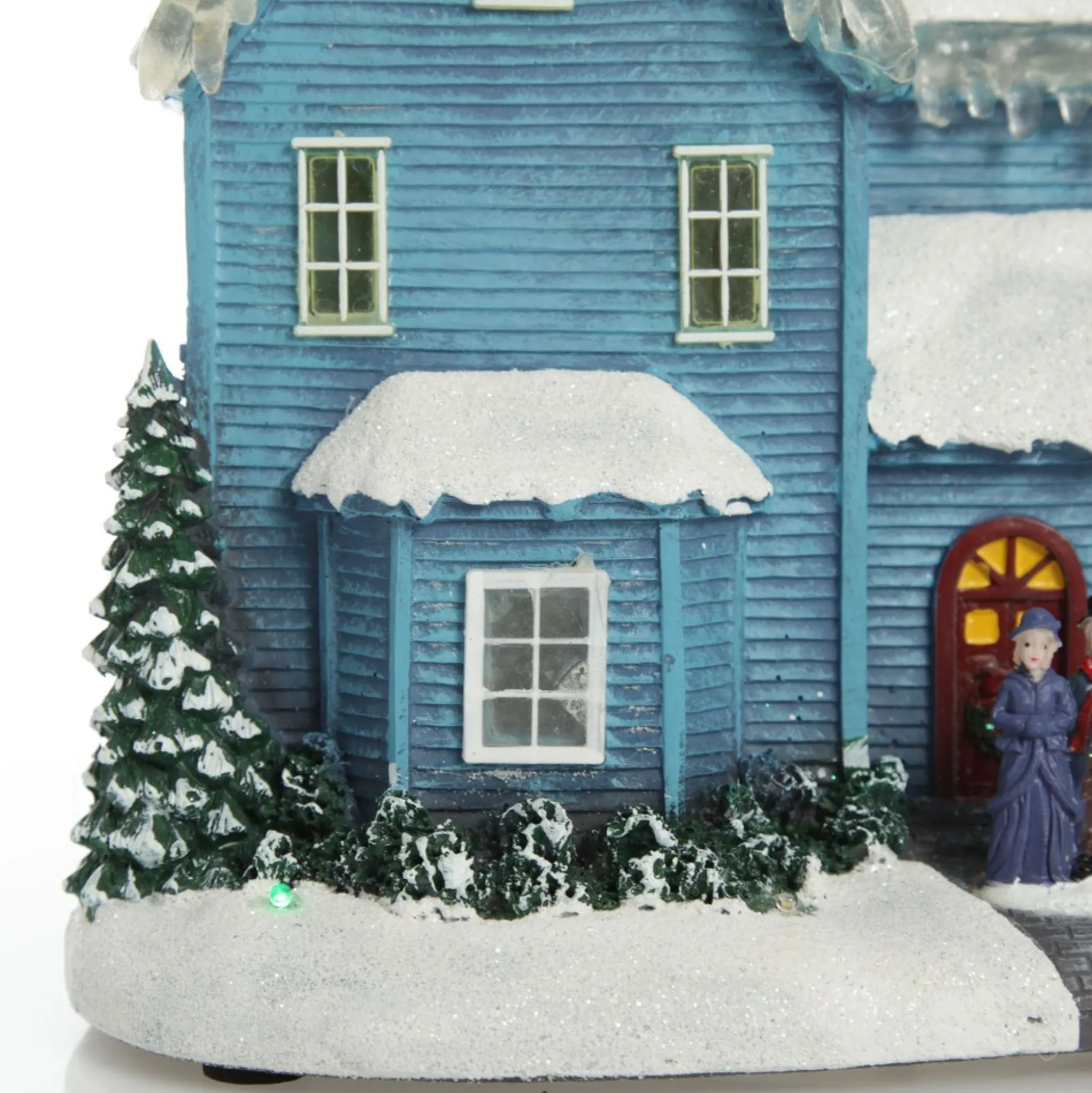 Lightup Musical Snowcapped Blue House Christmas Ornament Light-Up Scenes And Ornaments|