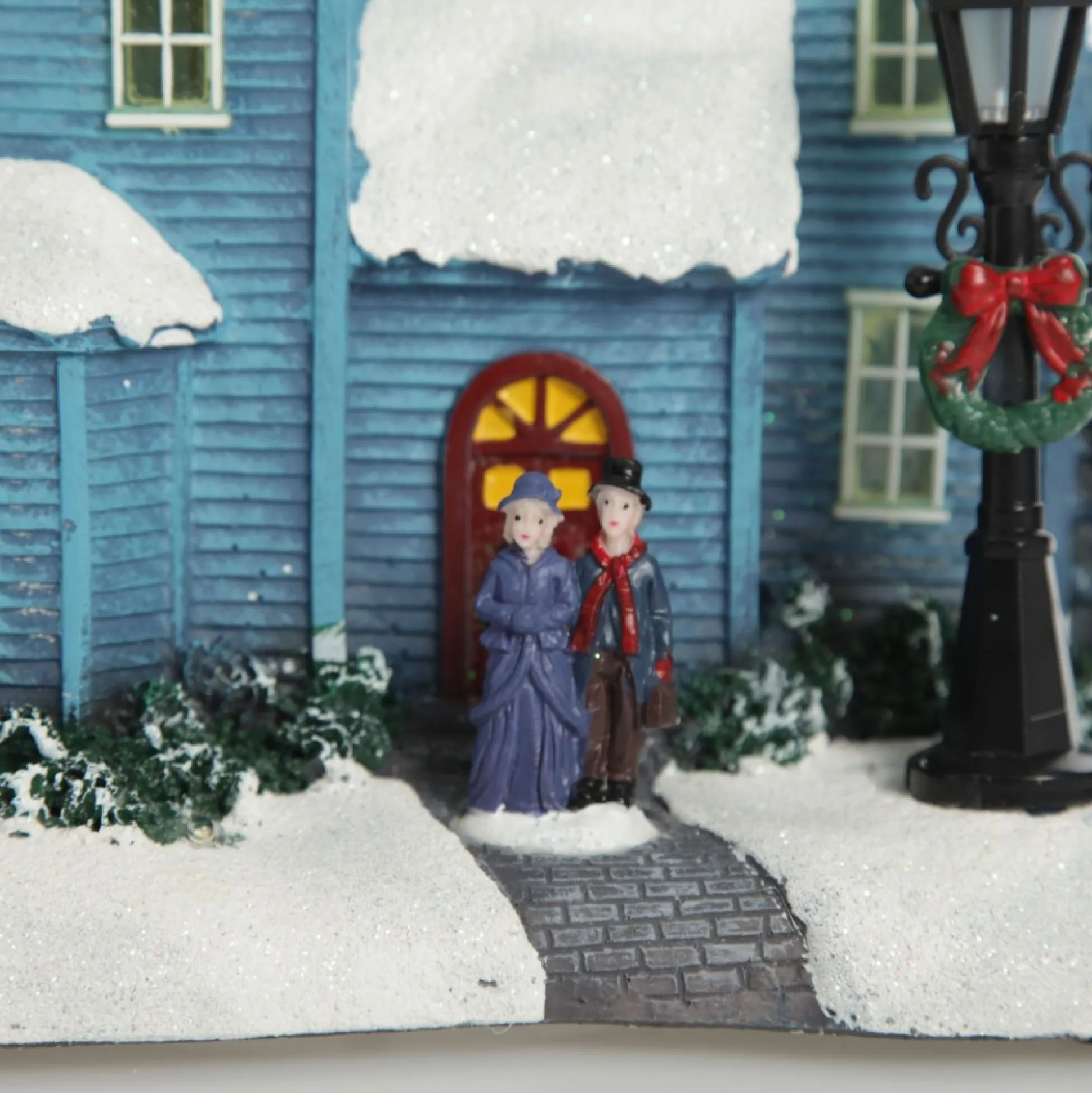 Lightup Musical Snowcapped Blue House Christmas Ornament Light-Up Scenes And Ornaments|