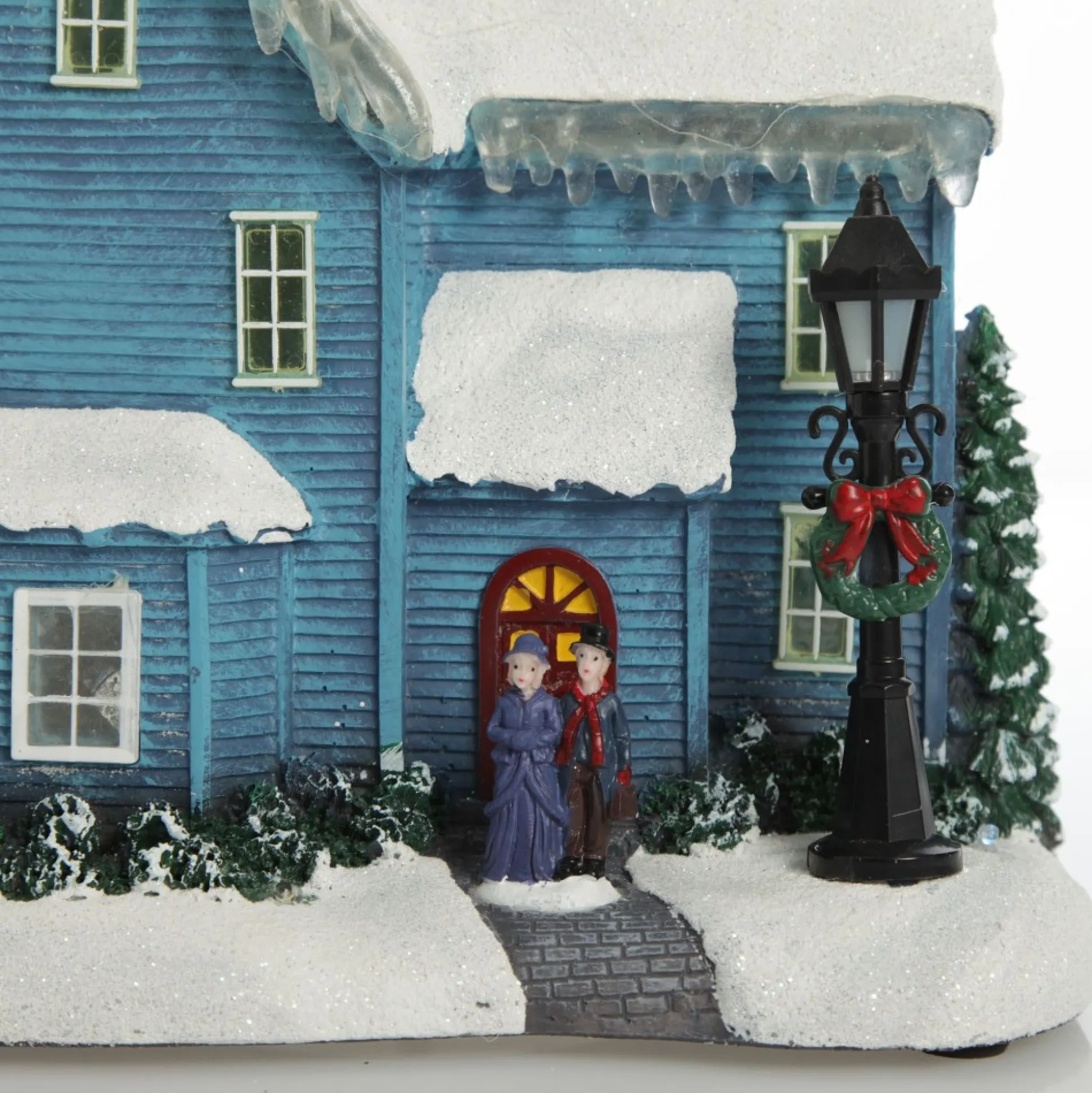 Lightup Musical Snowcapped Blue House Christmas Ornament Light-Up Scenes And Ornaments|