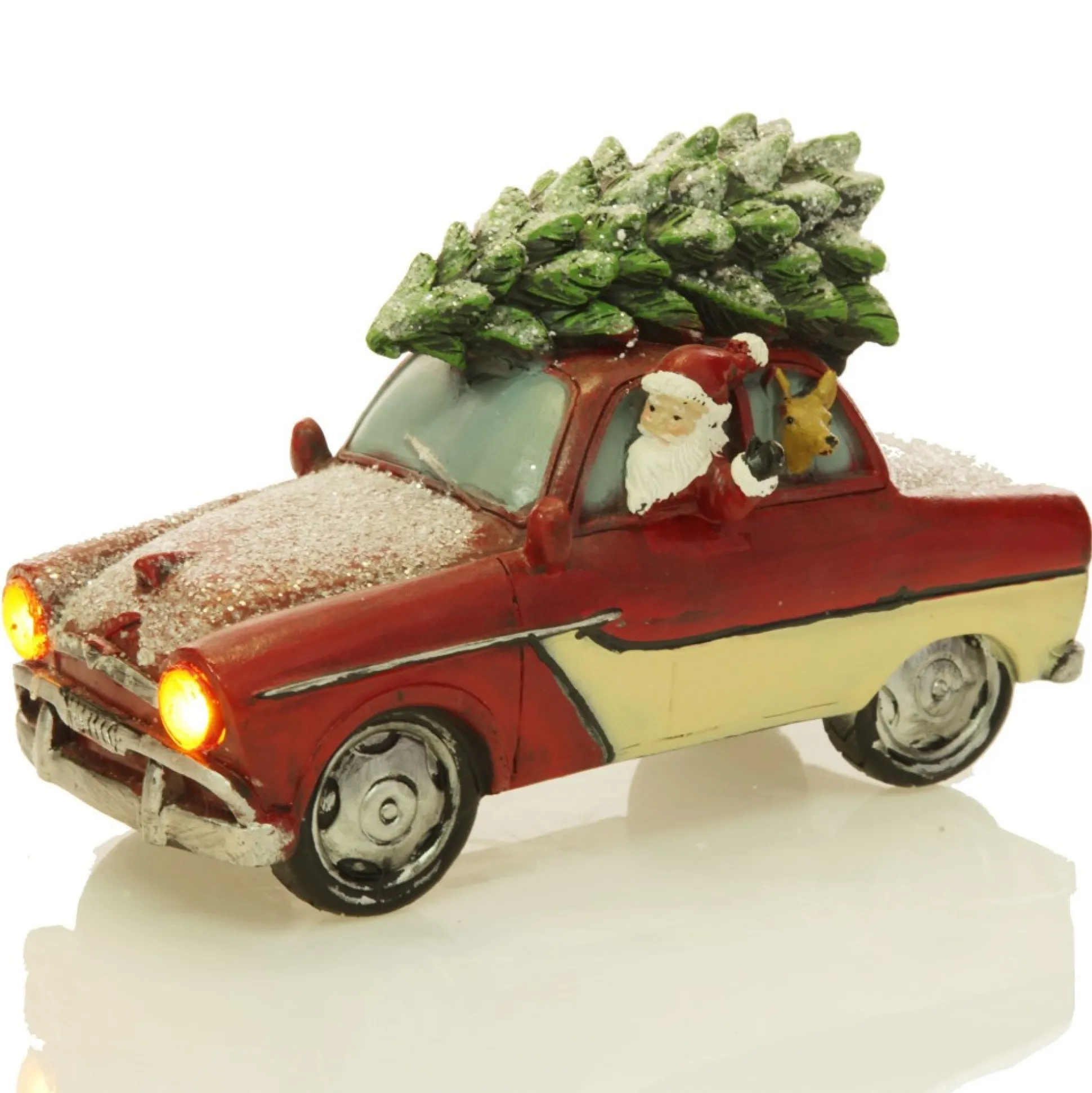 Lightup Santa in Car with Christmas Tree on Roof Ornament Light-Up Scenes And Ornaments|