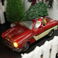 Lightup Santa in Car with Christmas Tree on Roof Ornament Light-Up Scenes And Ornaments|