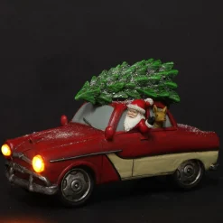 Lightup Santa in Car with Christmas Tree on Roof Ornament Light-Up Scenes And Ornaments|