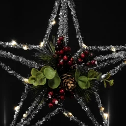 Lightup Silver Tinsel Wire 3D Star Tree Topper with Cone and Berry Tree Toppers|