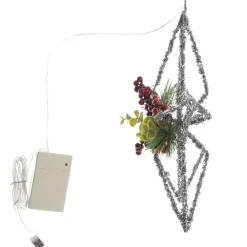 Lightup Silver Tinsel Wire 3D Star Tree Topper with Cone and Berry Tree Toppers|