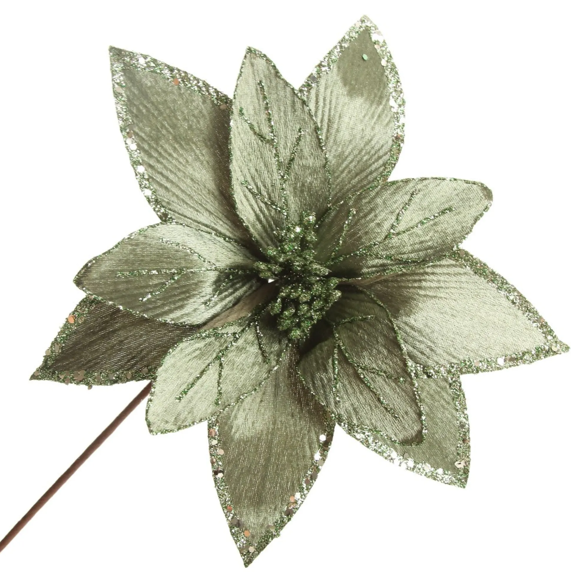 Lush Sage Poinsettia Flower Stem with Sequin Trim Christmas Flowers|