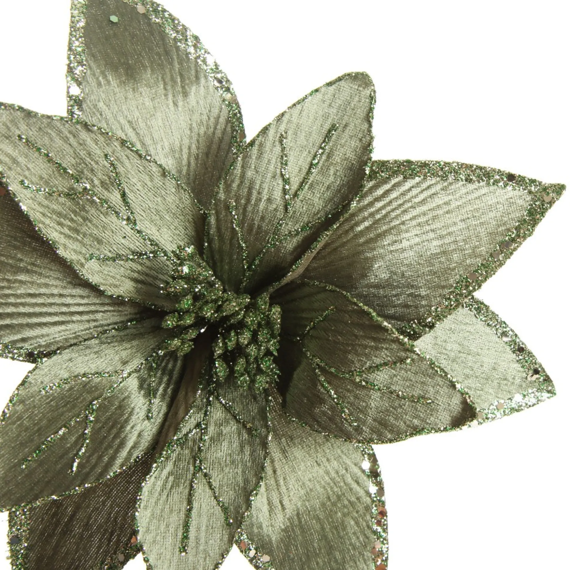 Lush Sage Poinsettia Flower Stem with Sequin Trim Christmas Flowers|
