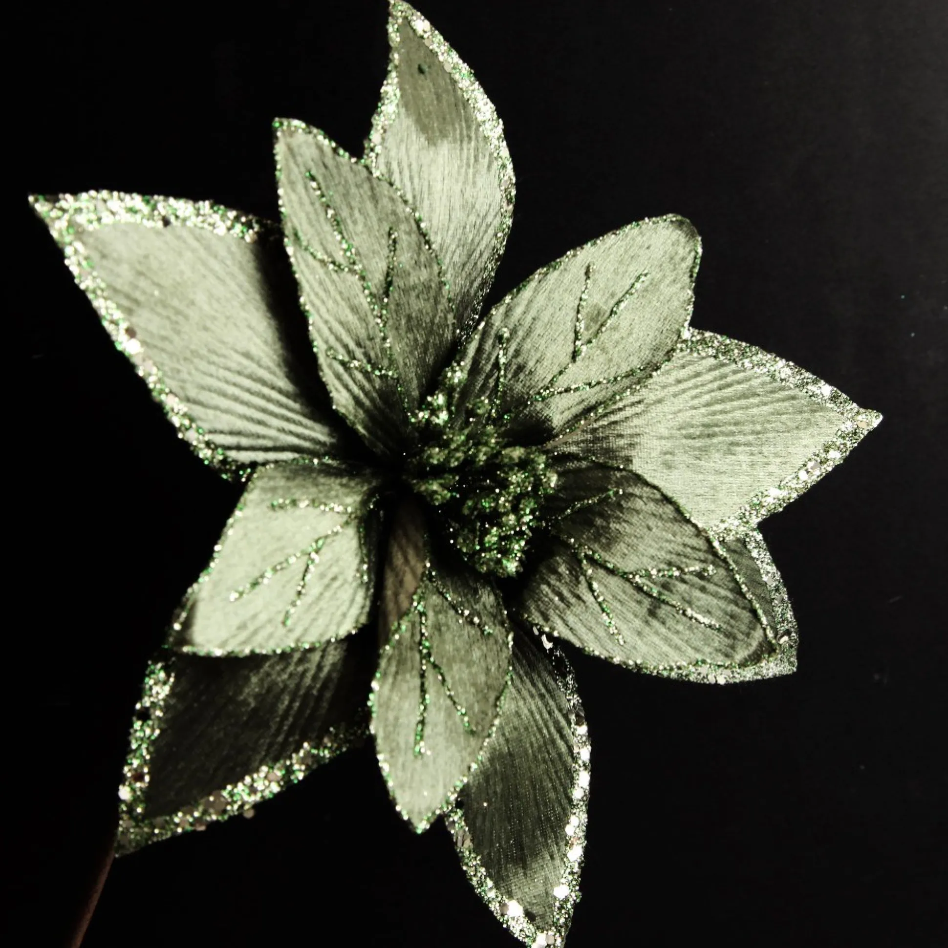 Lush Sage Poinsettia Flower Stem with Sequin Trim Christmas Flowers|