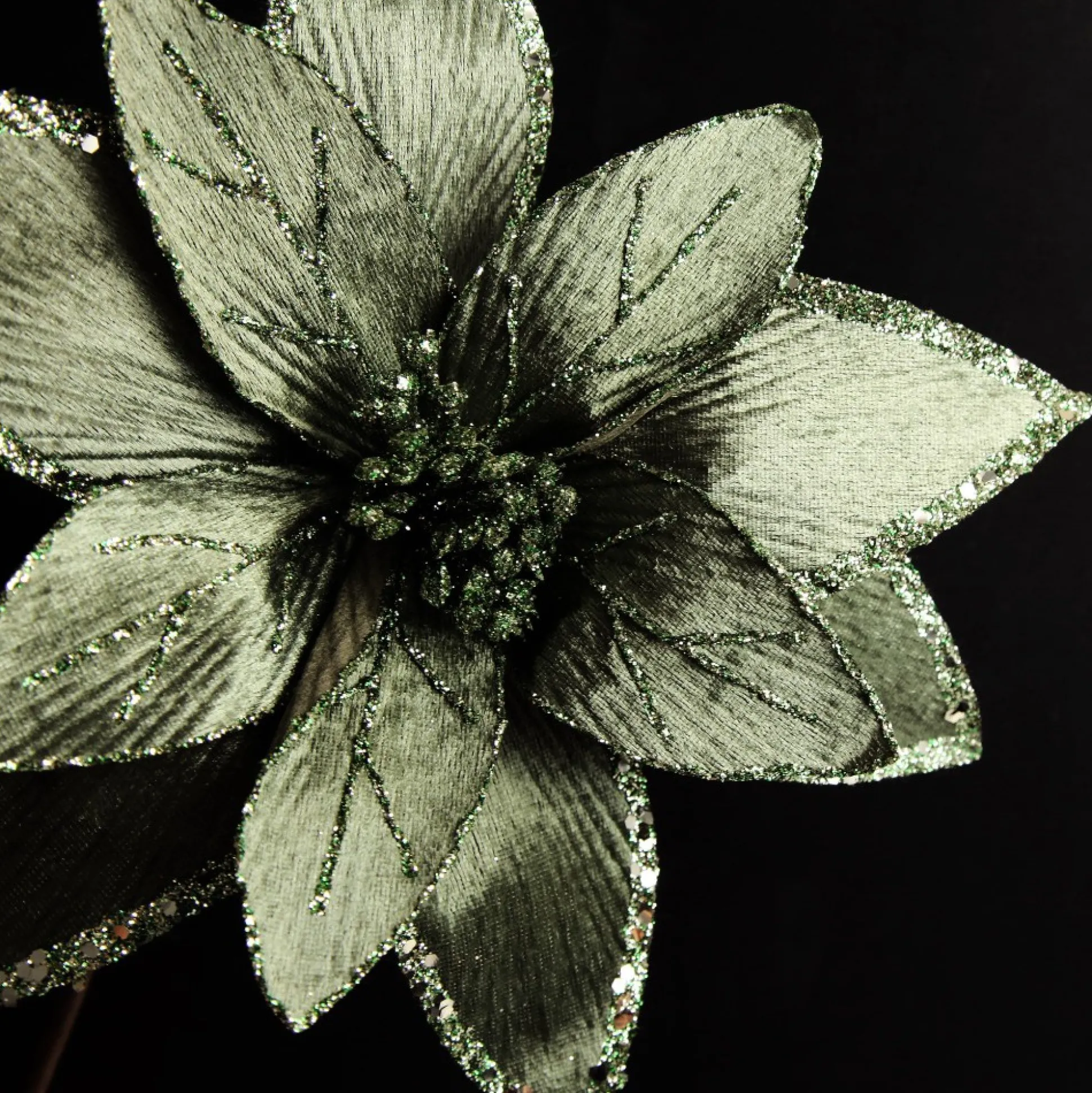 Lush Sage Poinsettia Flower Stem with Sequin Trim Christmas Flowers|