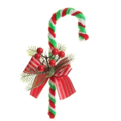 Medium Chenille Stick Christmas Candy Cane with Pine and Berries - Set of 2 Christmas Tree Decorations|