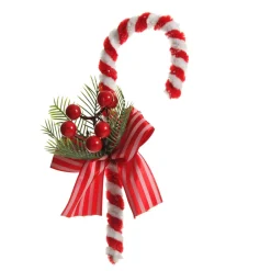 Medium Chenille Stick Christmas Candy Cane with Pine and Berries - Set of 2 Christmas Tree Decorations|