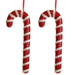 Medium Red Glitter with Braid Candy Cane Christmas Decoration - Set of 2 Christmas Tree Decorations|