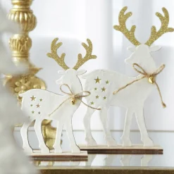 Medium White Wood Deers with Gold Glitter Ornaments -Set of 2 Christmas Birds And Animals|