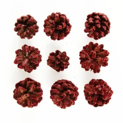 Mini Red Glitter Tipped Natural Pincones - Pack of 9 Pinecones And Acorns|