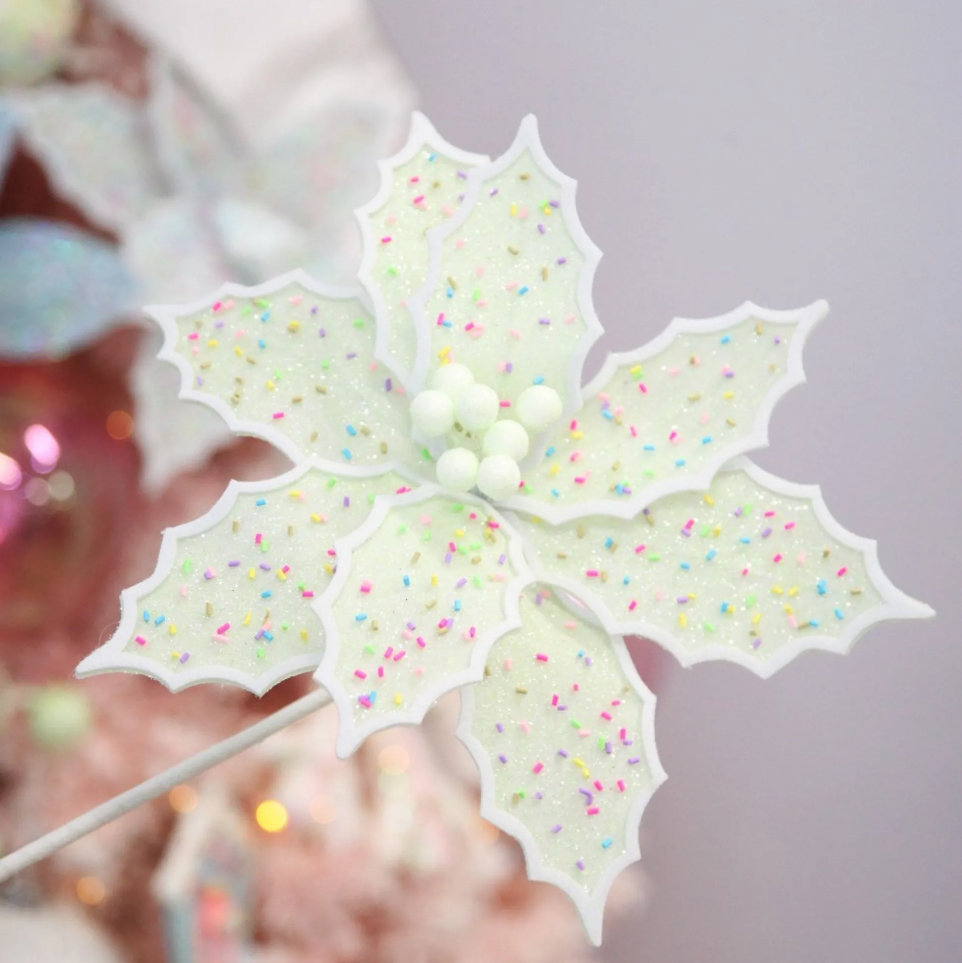 Mint Green Poinsettia Flower Stem with Multicoloured Sprinkles Christmas Flowers|