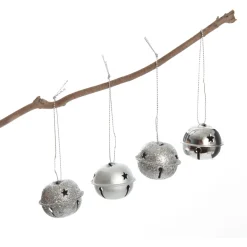 Mixed Finish Silver 4cm Jingle Bell Decorations - Bag of 4 Christmas Bells And Bows|