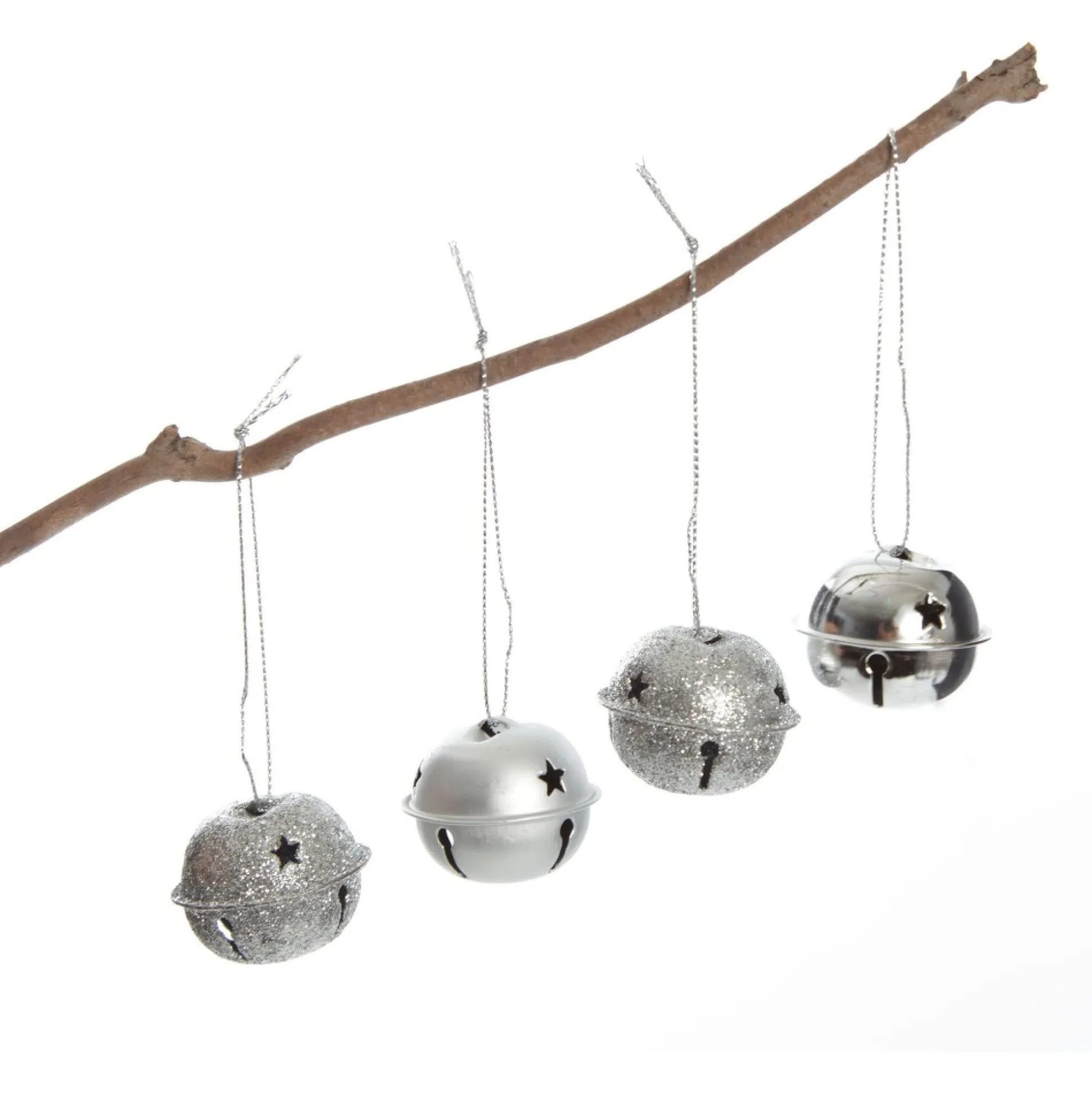 Mixed Finish Silver 4cm Jingle Bell Decorations - Bag of 4 Christmas Bells And Bows|