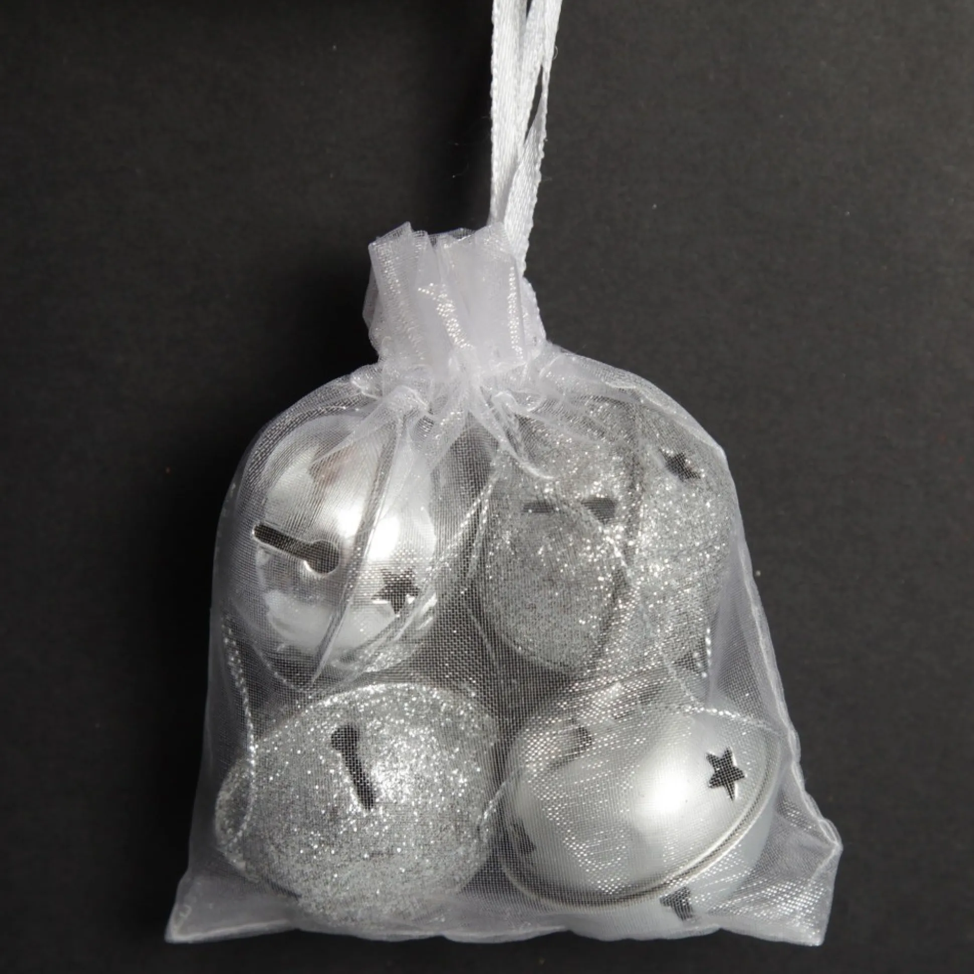 Mixed Finish Silver 4cm Jingle Bell Decorations - Bag of 4 Christmas Bells And Bows|